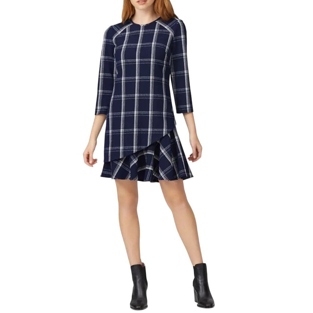 Shoshanna Womans Sz 12 Dress Aldora Navy Plaid Blue 3/4 Sleeve Lined
